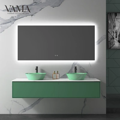 Armário de design moderno Vama verde esmeralda montado na parede para banheiro com pias duplas